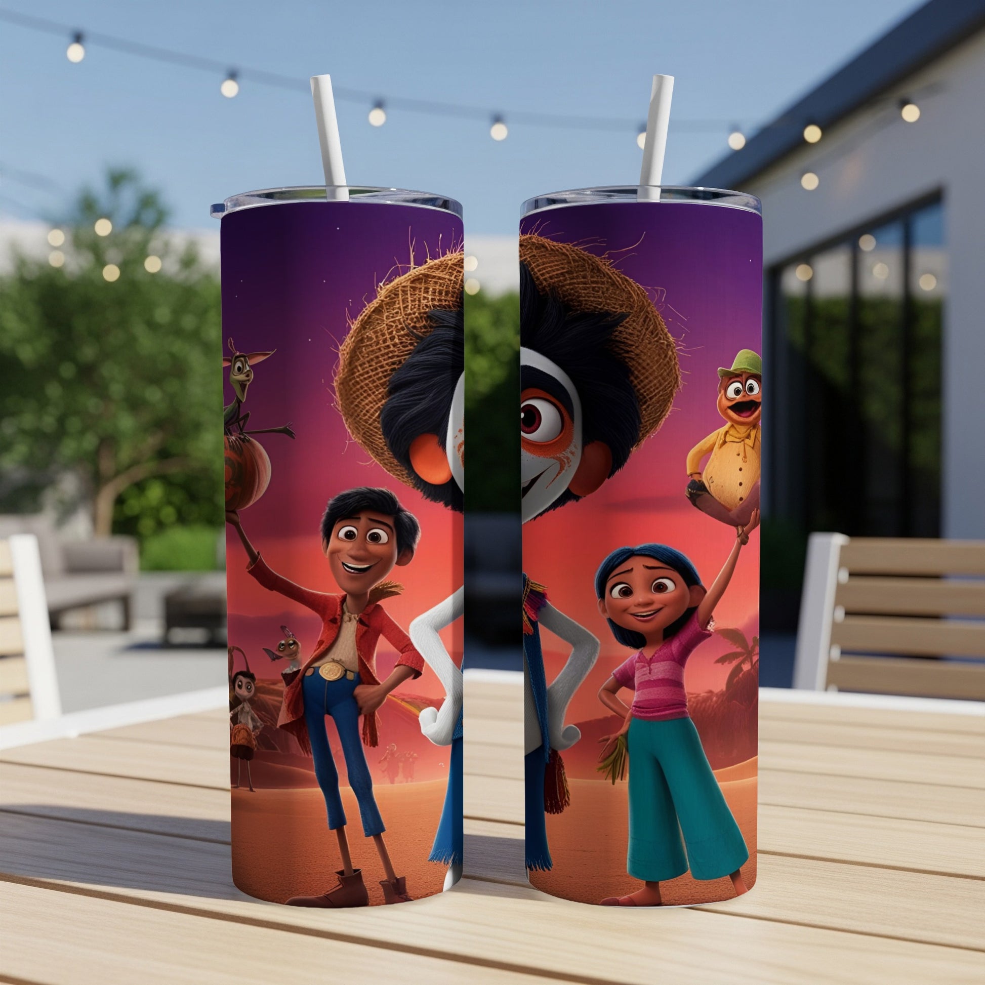 Two tumblers featuring characters from The Book of Life on a table.