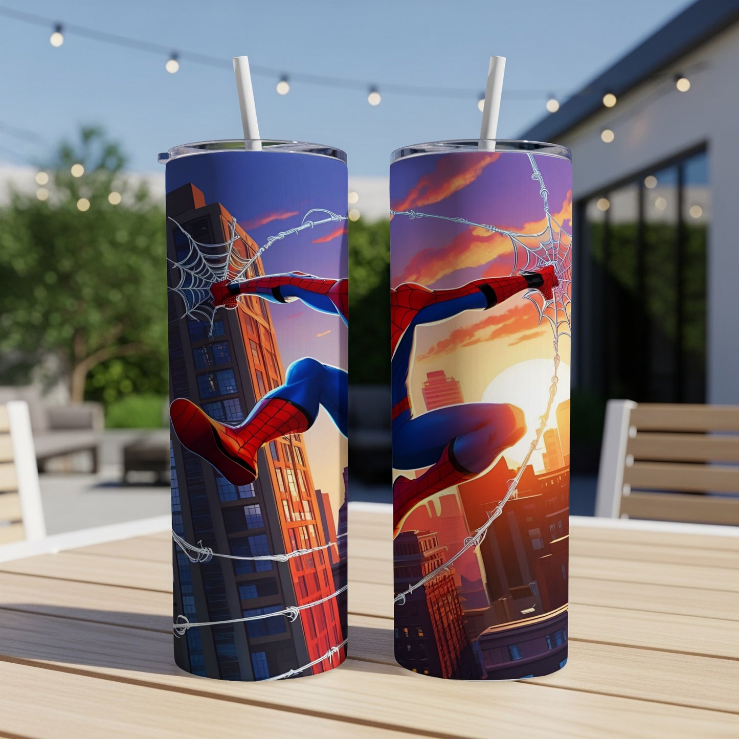 Spider-Man swings between city buildings at sunset on two cylindrical tumblers.