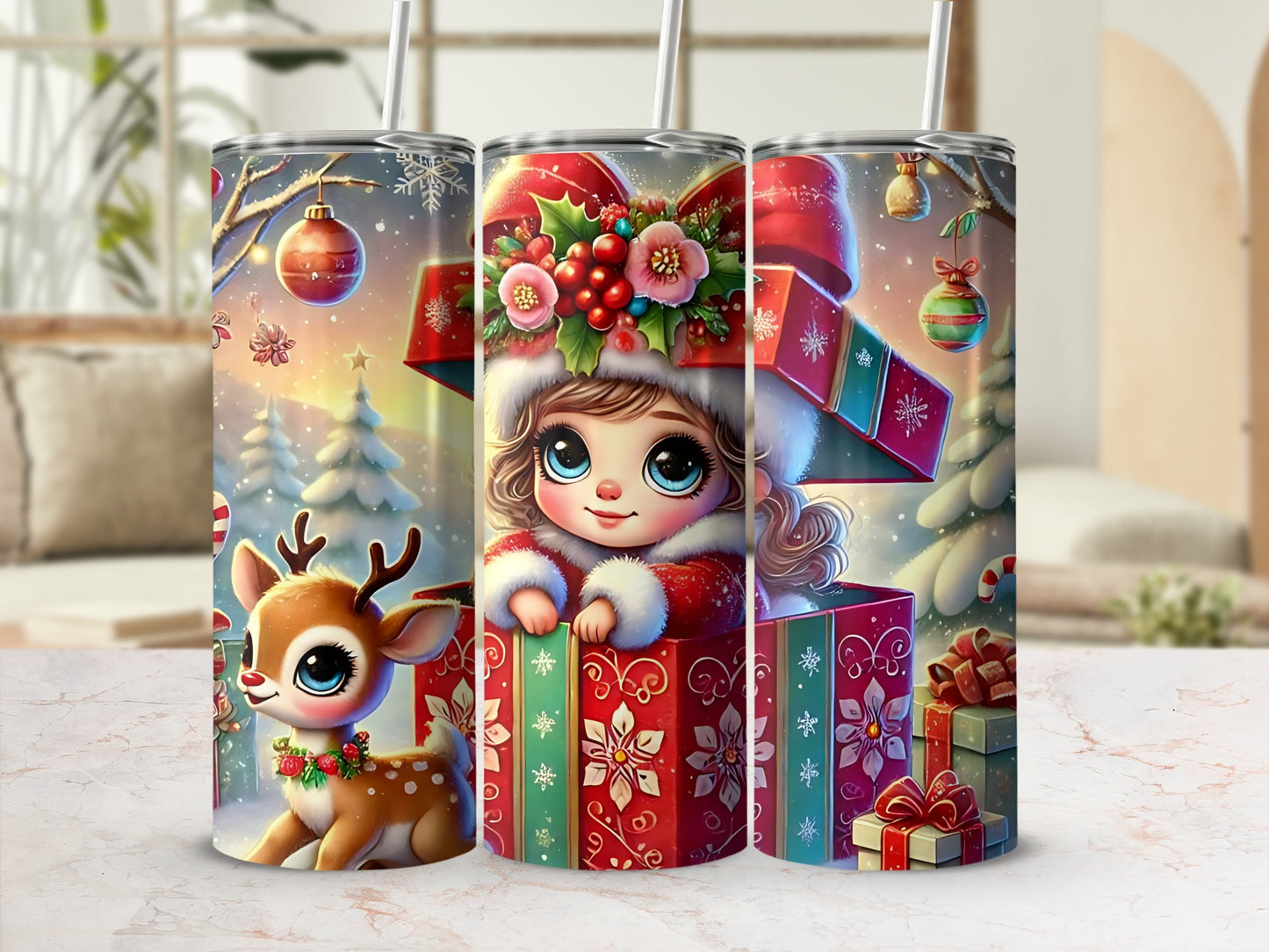 Adorable Christmas Reindeer and Girl Tumbler Cup