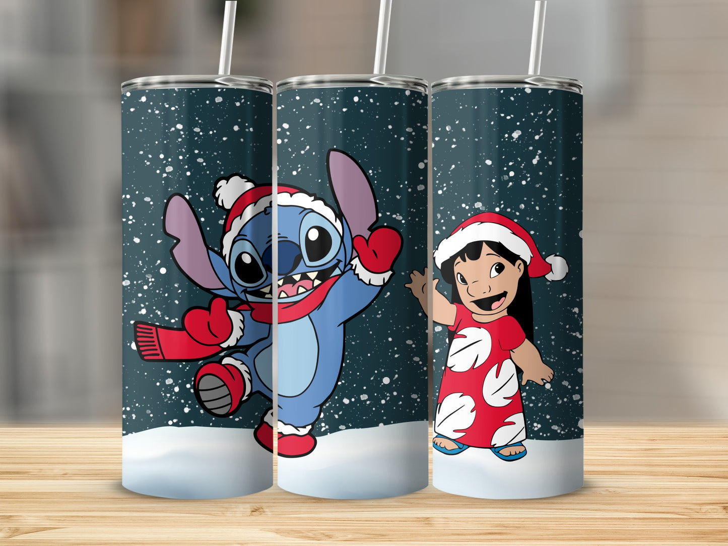 Festive Christmas Themed Stitch and Lilo Tumbler