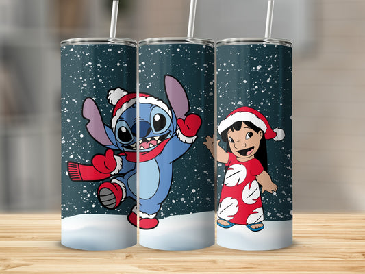 Festive Christmas Themed Stitch and Lilo Tumbler