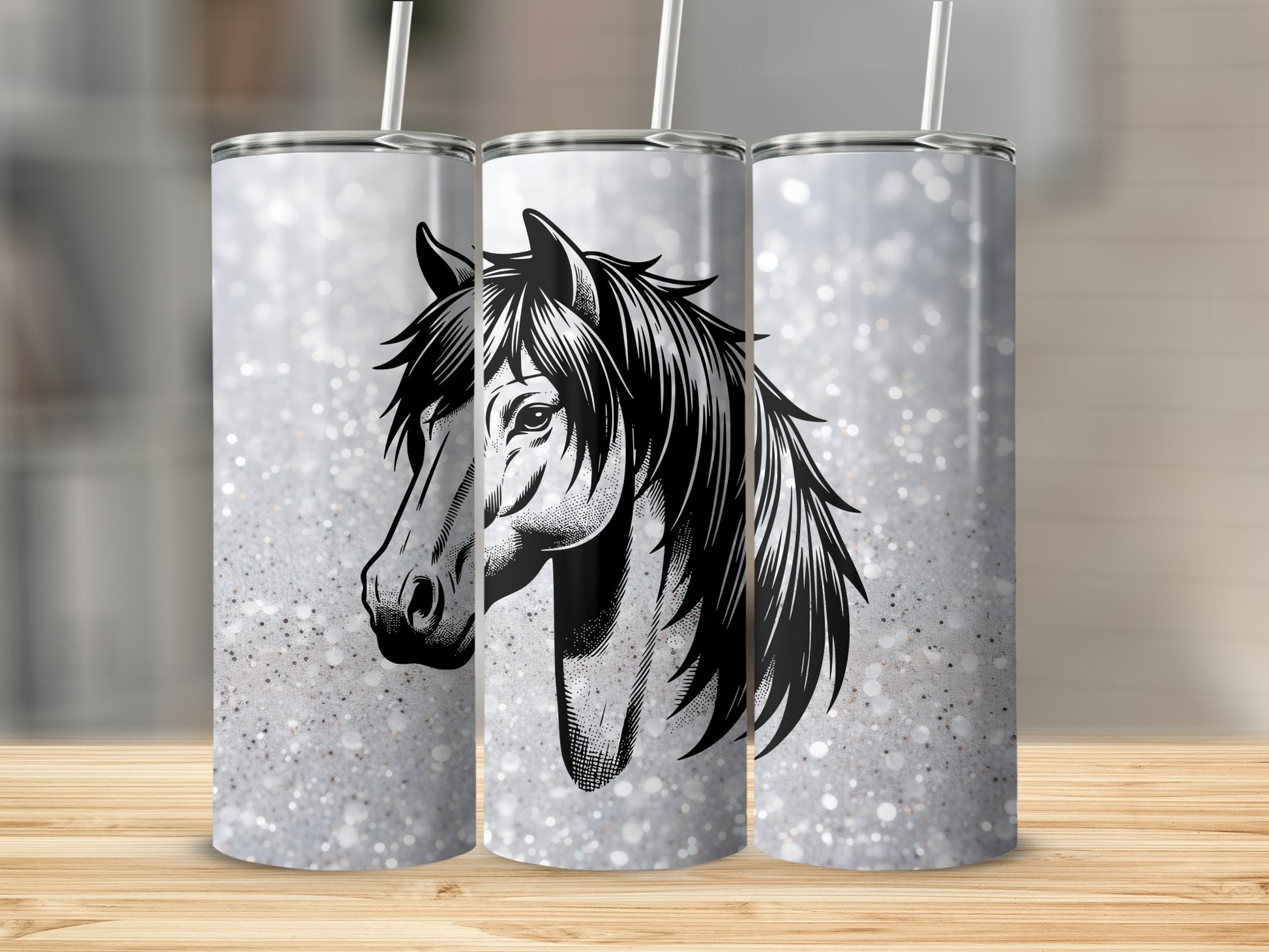 Black and white horse head on a sparkling glitter tumbler.