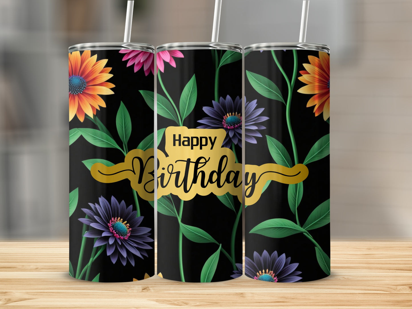 Black tumbler with flowers and "Happy Birthday" text.