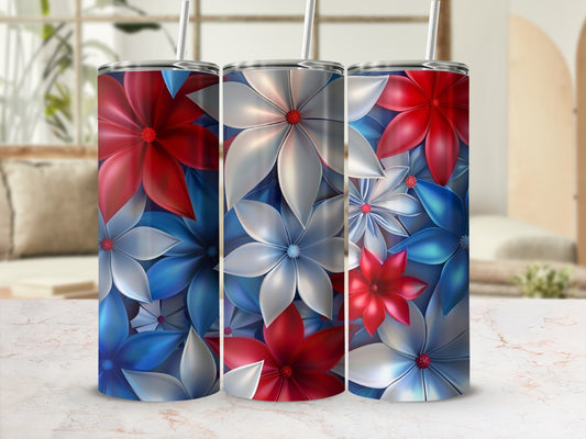 Three floral tumblers with red, white, and blue petals.