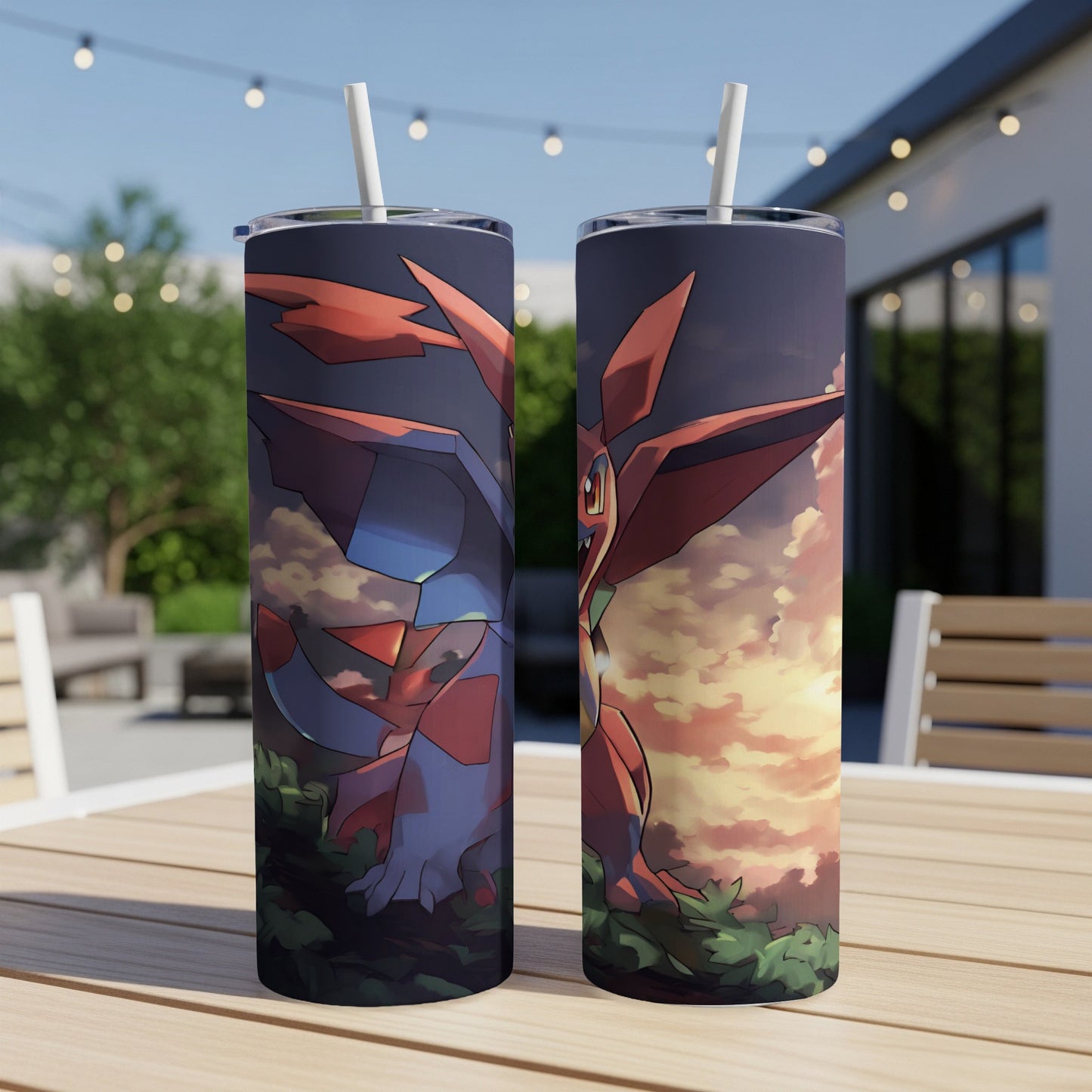 Two Pokémon tumblers featuring the Pokémon Salamence with a sunset sky background.