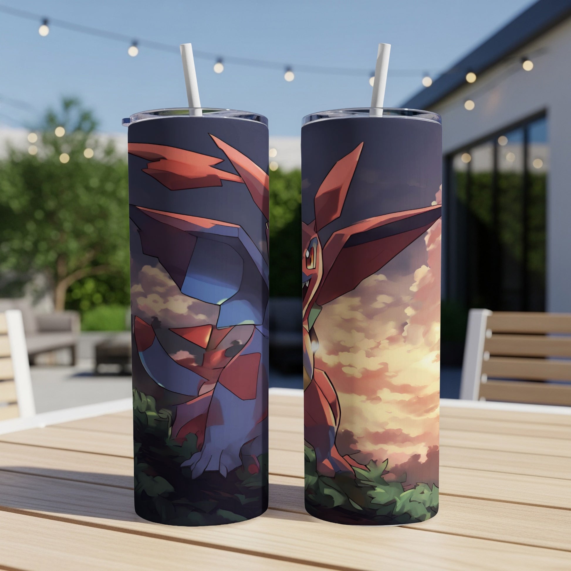 Two Pokémon tumblers featuring the Pokémon Salamence with a sunset sky background.