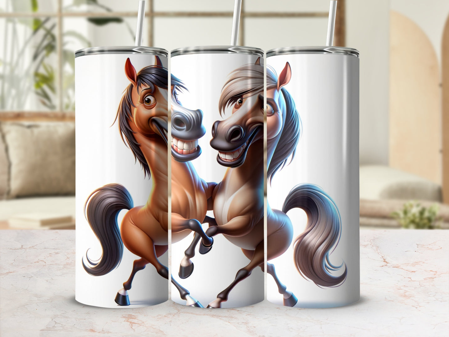 Two cartoon horses with large smiles and straws on tumblers.