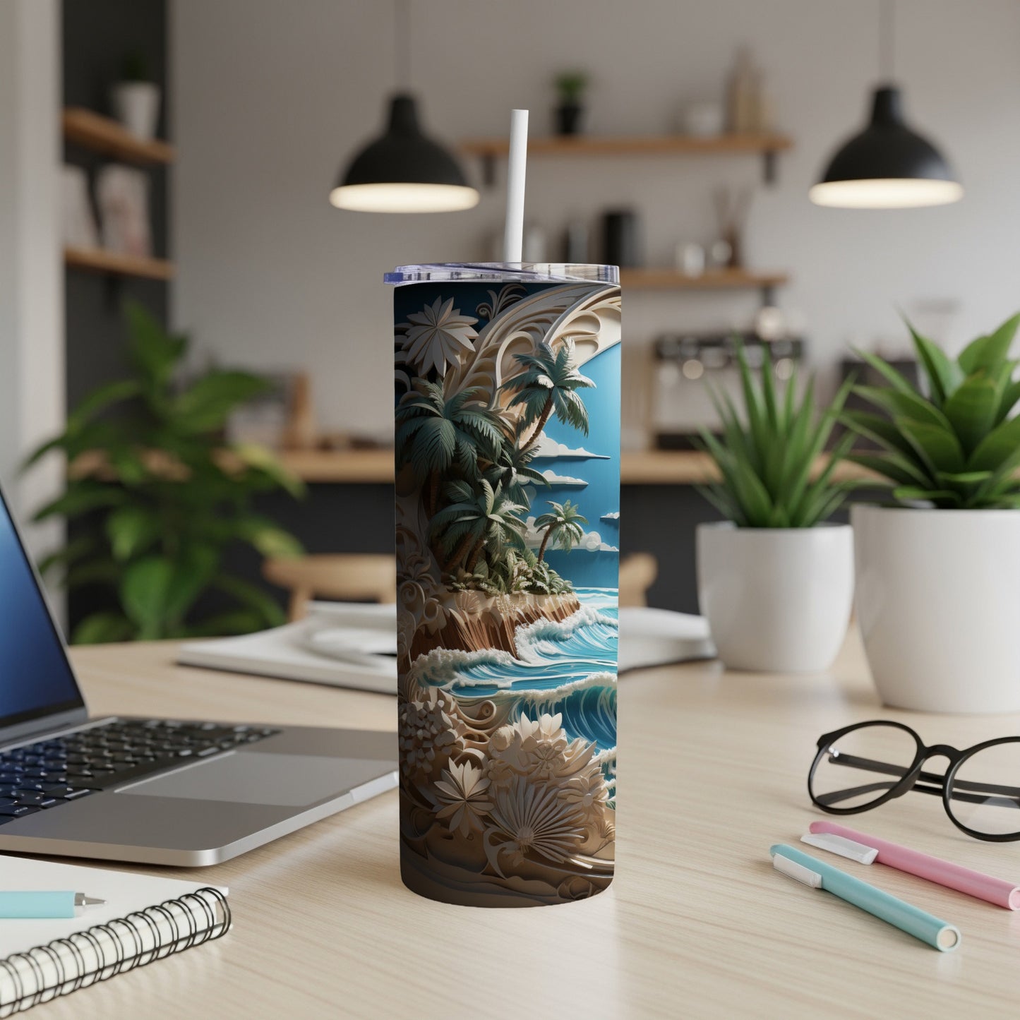 Tropical island scene tumbler with palm trees, ocean waves, and beach.
