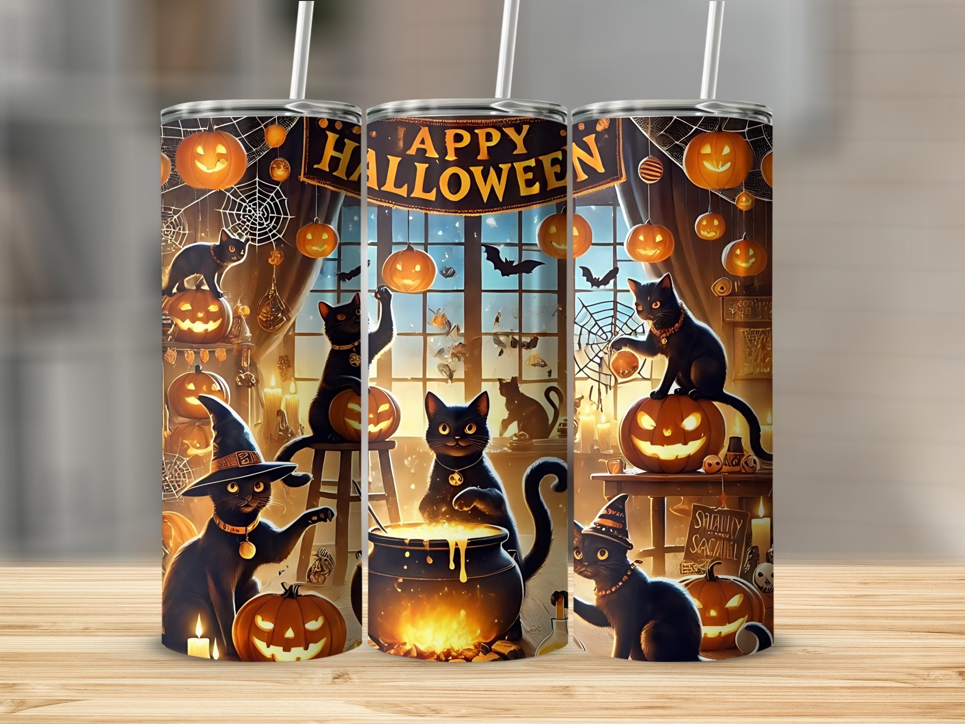 Cute Halloween Black Cats Print on Halloween Tumbler