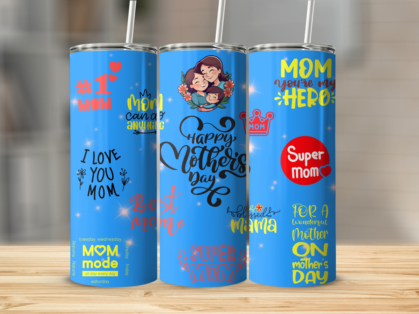 Mother's Day Blue Tumblers with Various Mom Quotes