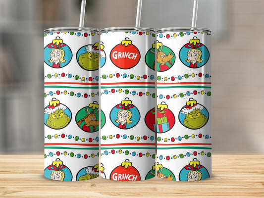 Three tall cups with The Grinch holiday ornaments and Grinch characters.