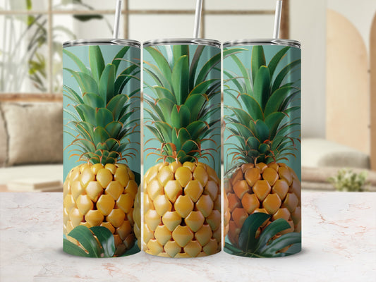 Three tall tumblers with a pineapple and leaf pattern.