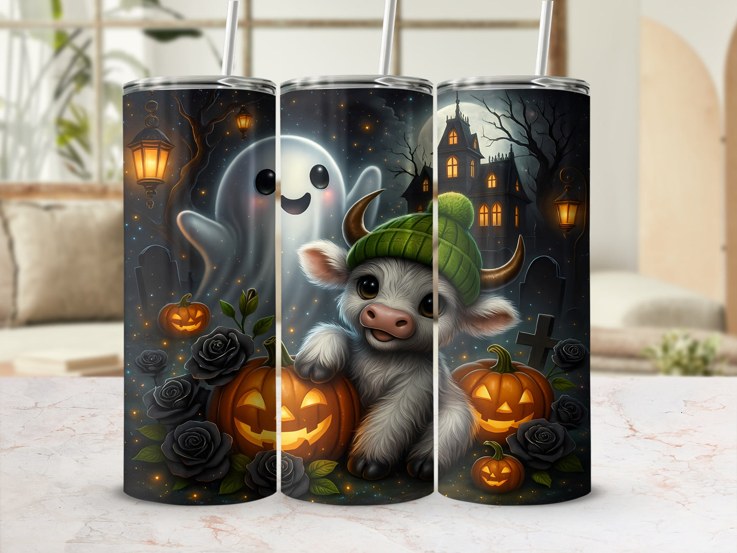 Cow with green hat and pumpkins with ghost, haunted house, and black roses.