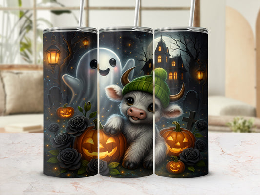 Cow with green hat and pumpkins with ghost, haunted house, and black roses.