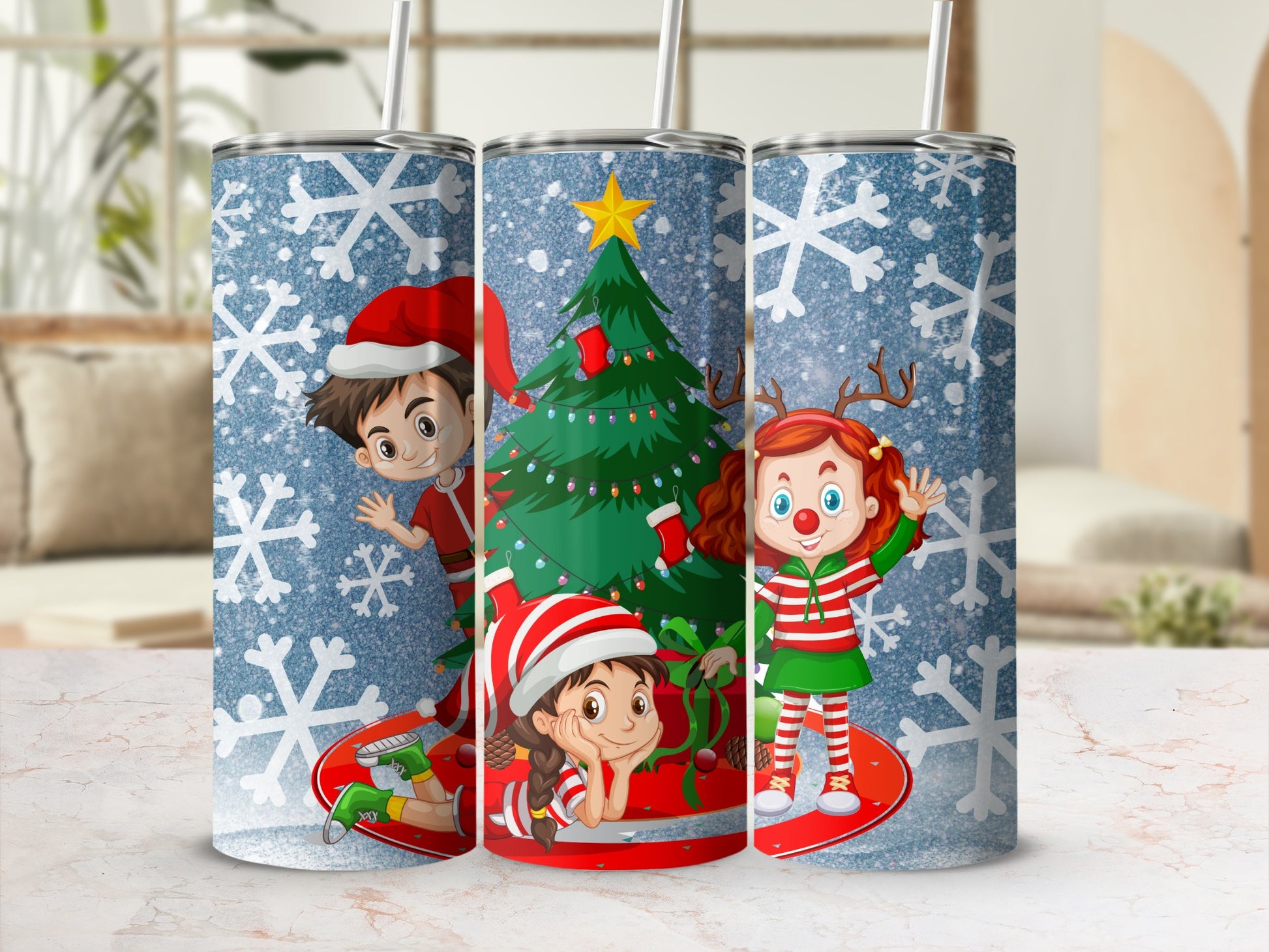Christmas Holiday Kids and Snowflakes Tumbler