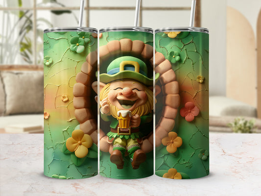 Green tumbler with a leprechaun holding a beer, surrounded by shamrocks.