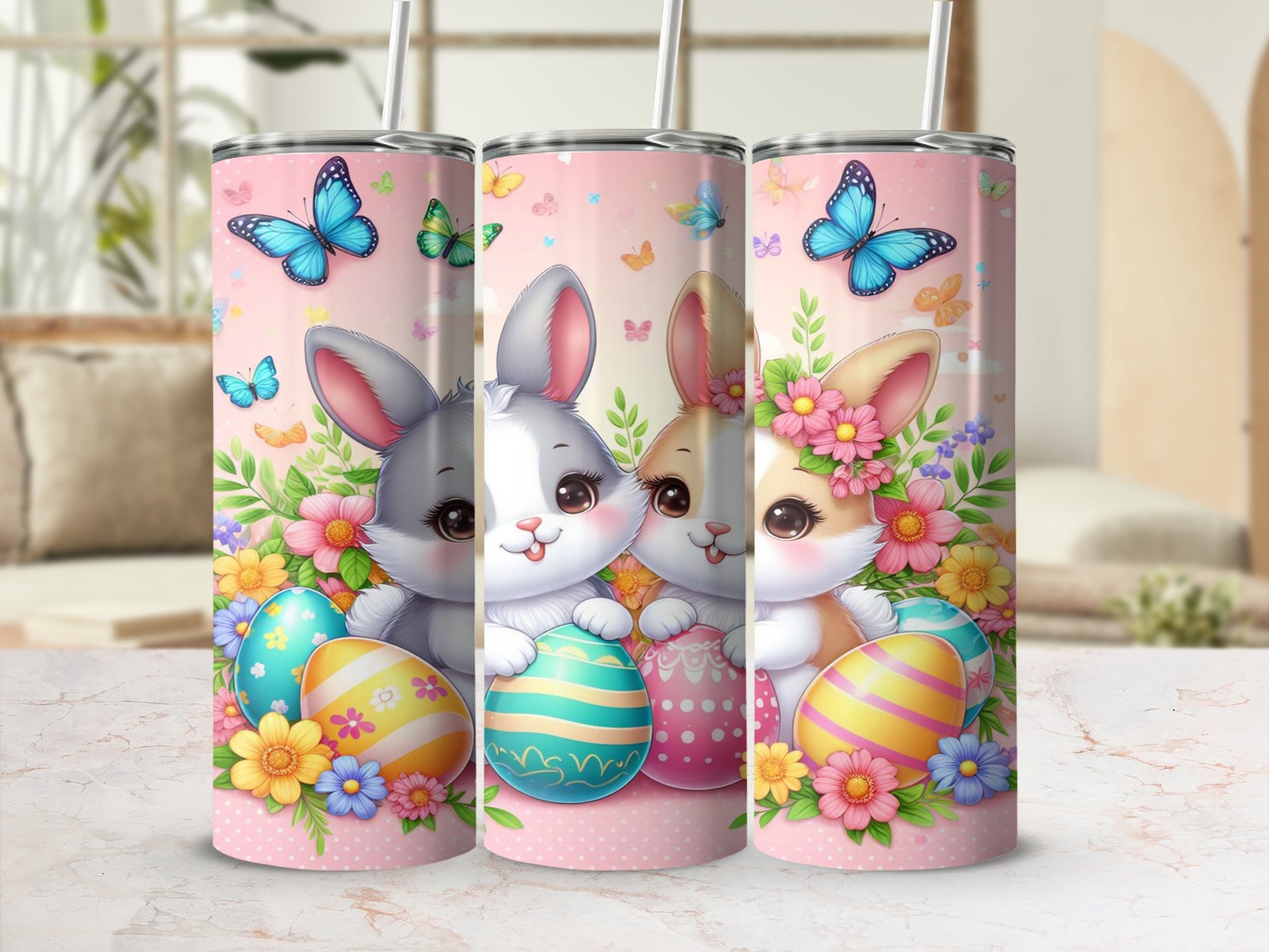 Two cartoon bunnies with Easter eggs and butterflies, soft pastel background.