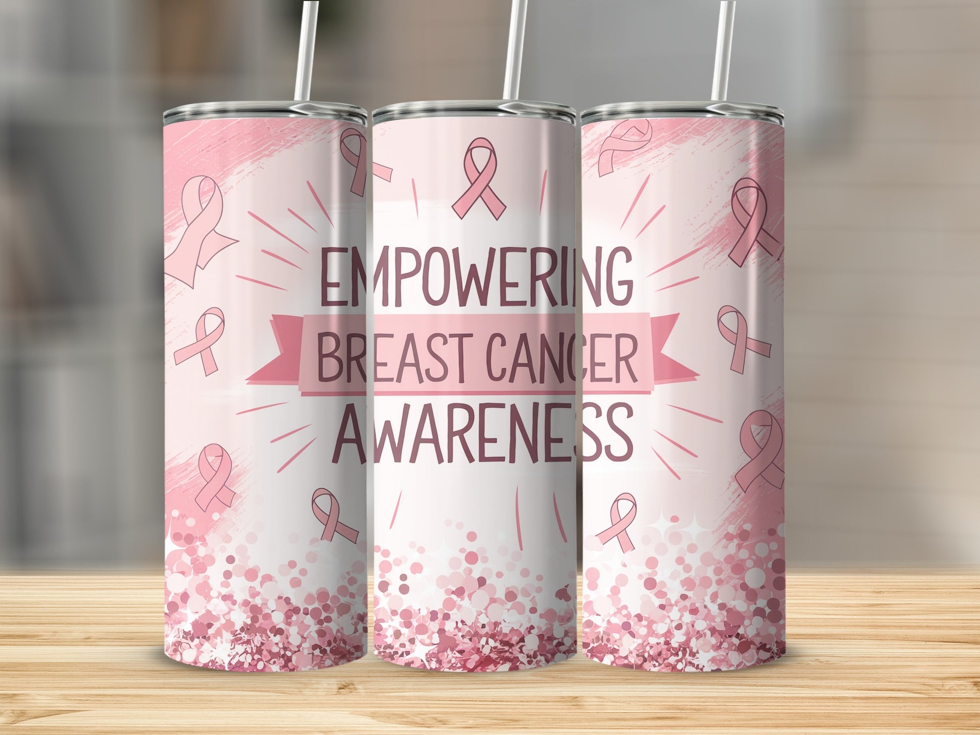 Pink breast cancer awareness tumbler with sparkles and ribbon design.