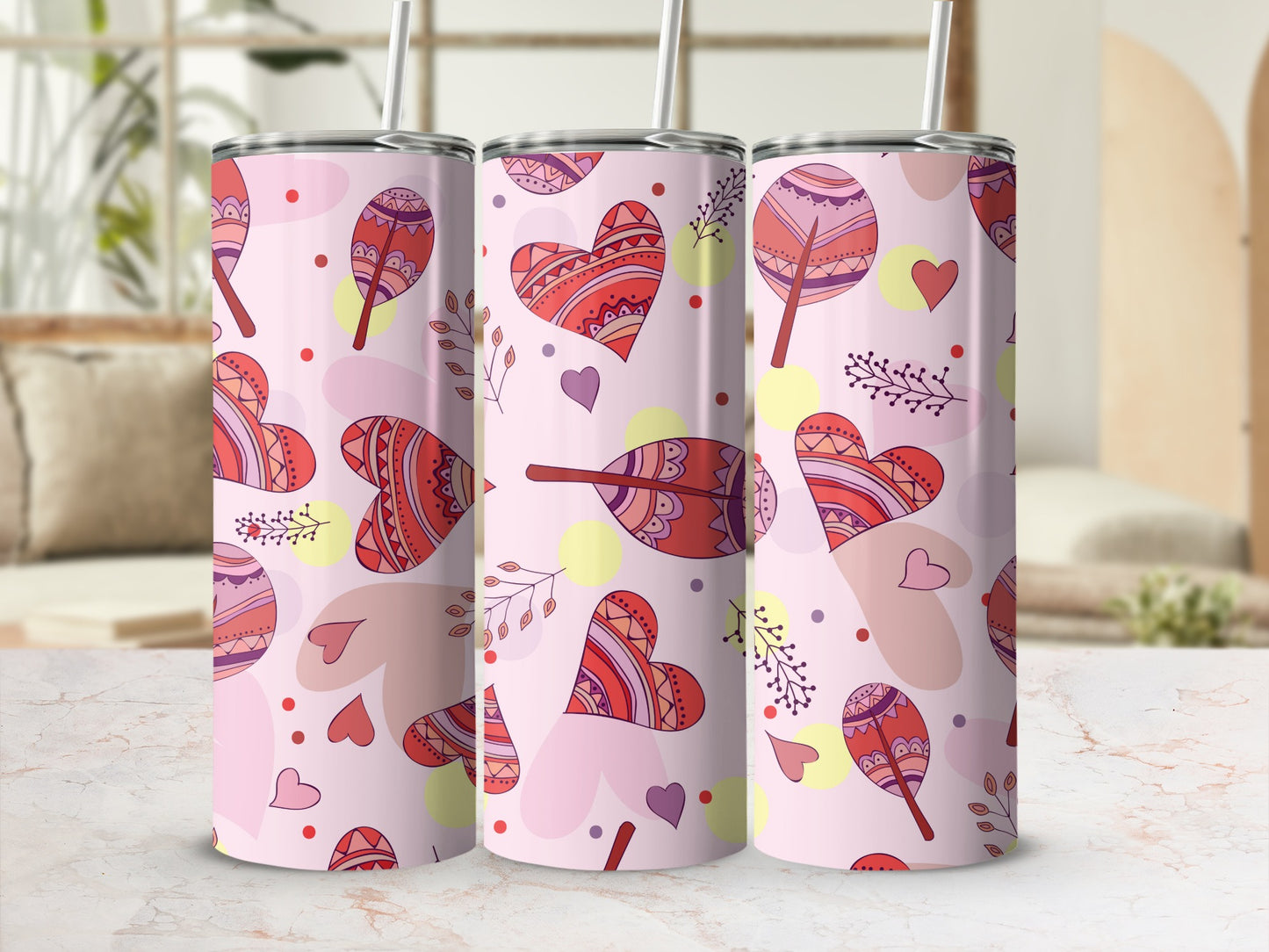 Lovely Pink Heart and Leaves Pattern Tumbler Product