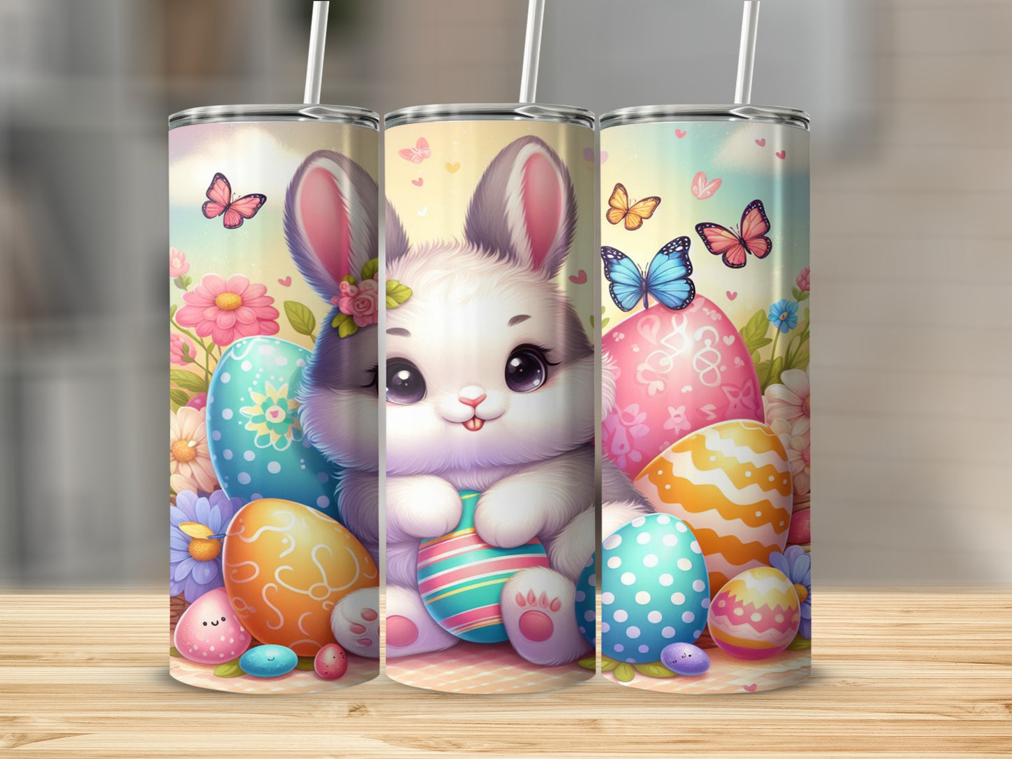 Cute Easter bunny holding an egg, surrounded by colorful Easter eggs and butterflies.