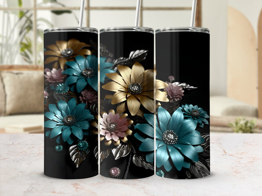 Three black tumblers with metallic floral designs and straws.