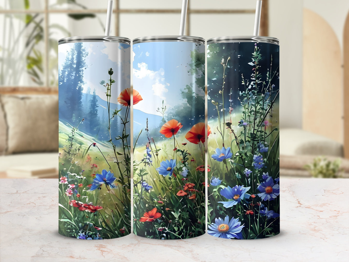 Three tumblers with watercolor wildflowers and forest background.
