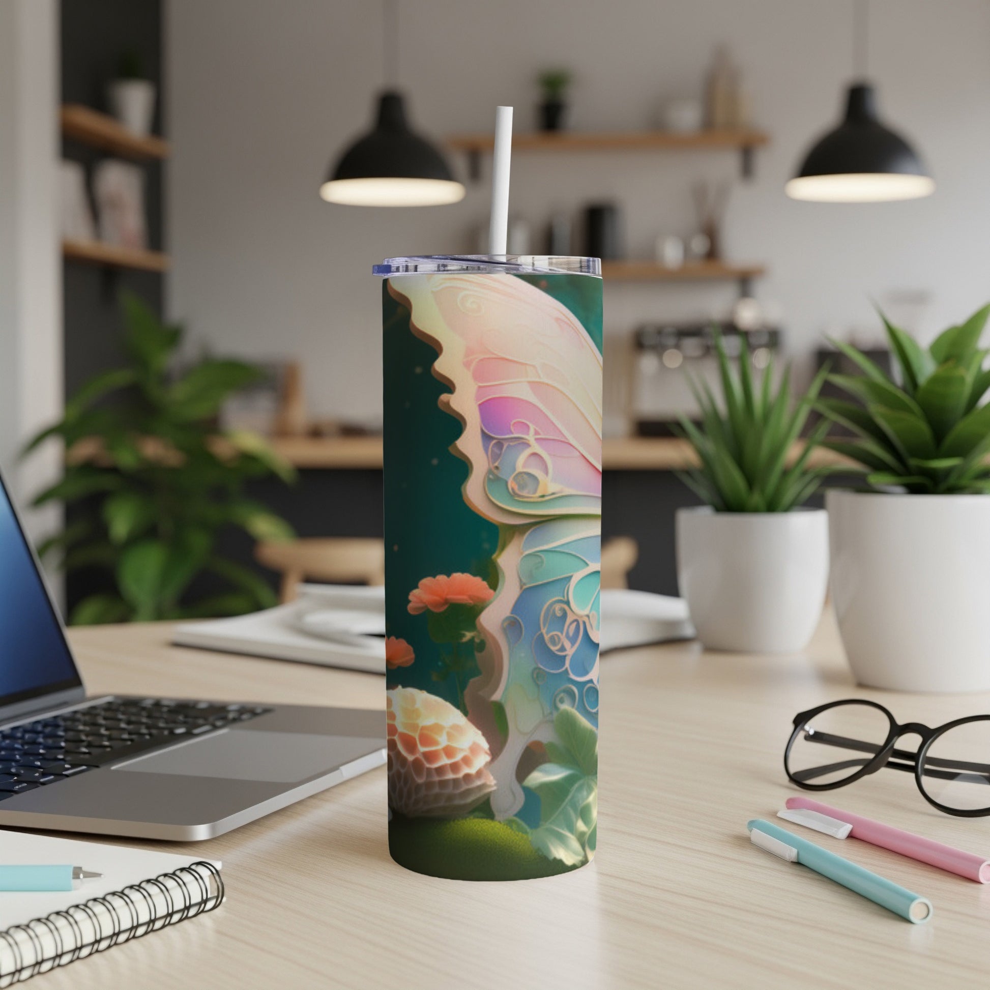 Colorful mushroom and butterfly design on a tall, slim tumbler.