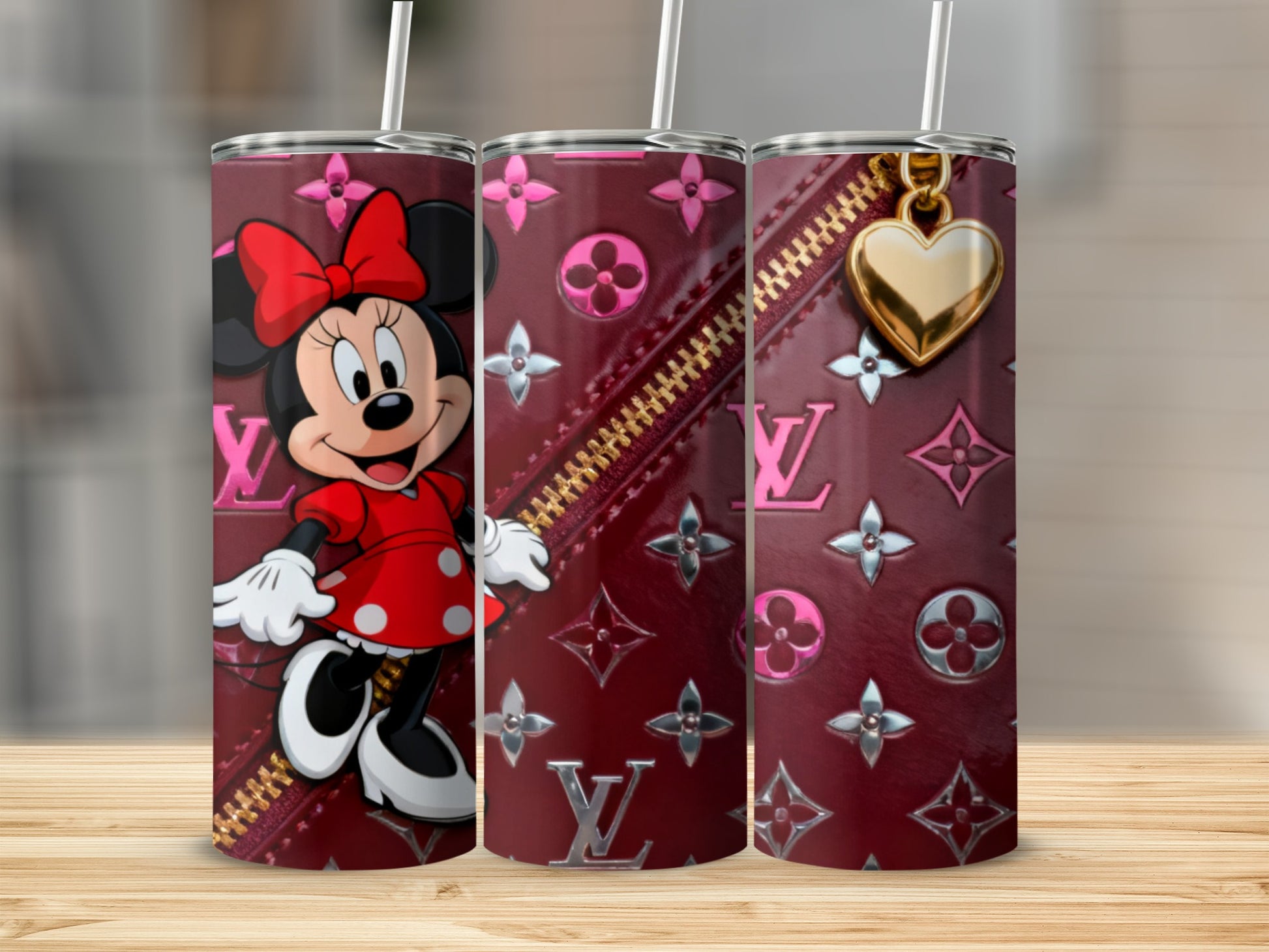 Minnie Mouse on a burgundy tumbler with LV-inspired pattern and gold heart zipper.