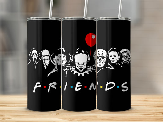 Black tumblers with horror characters and the Friends logo.