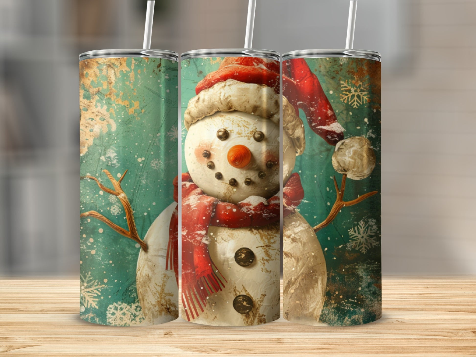 Snowman wearing a red scarf and hat on a distressed teal background.