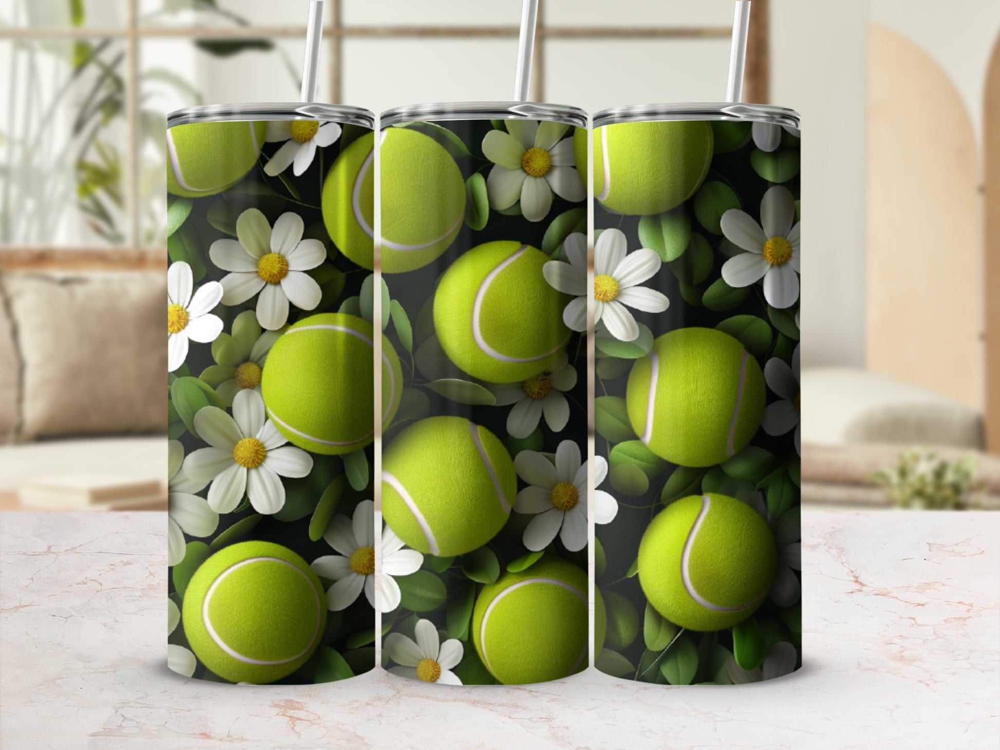 Tennis balls and white daisies pattern on a tumbler.