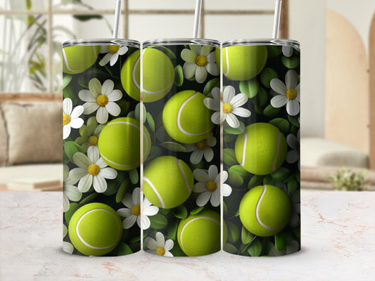 Tennis balls and white daisies pattern on a tumbler.