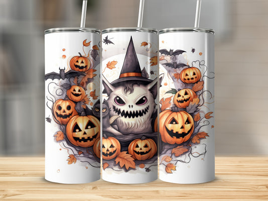 Halloween tumbler with monster, pumpkins, bats, and autumn leaves design.