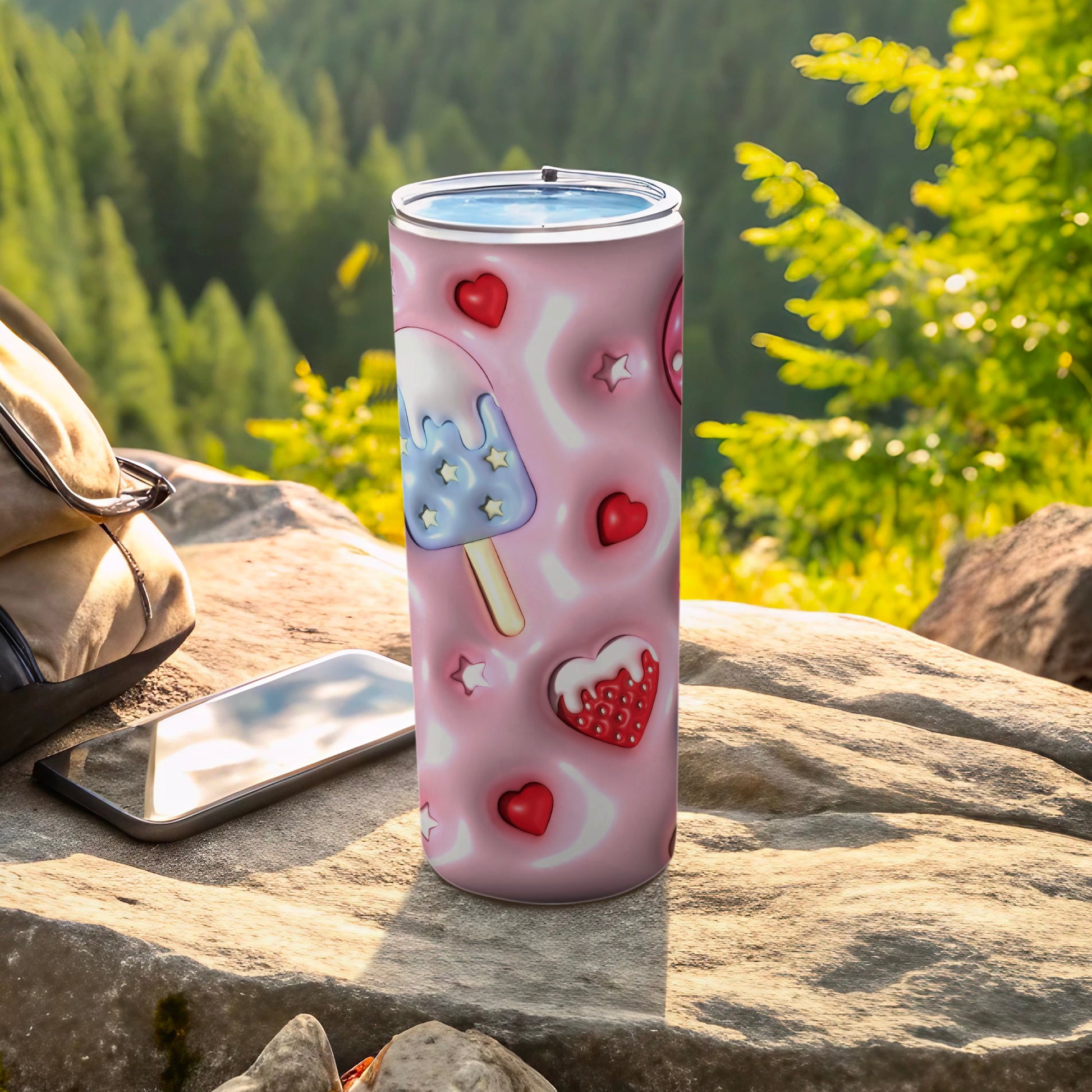 Pink Glossy Popsicle Hearts Stars Strawberry Design Tumbler product type