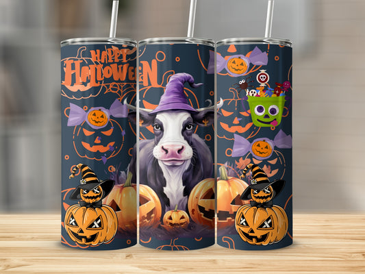 Halloween Cow and Pumpkins Design Tumbler Cup Flask