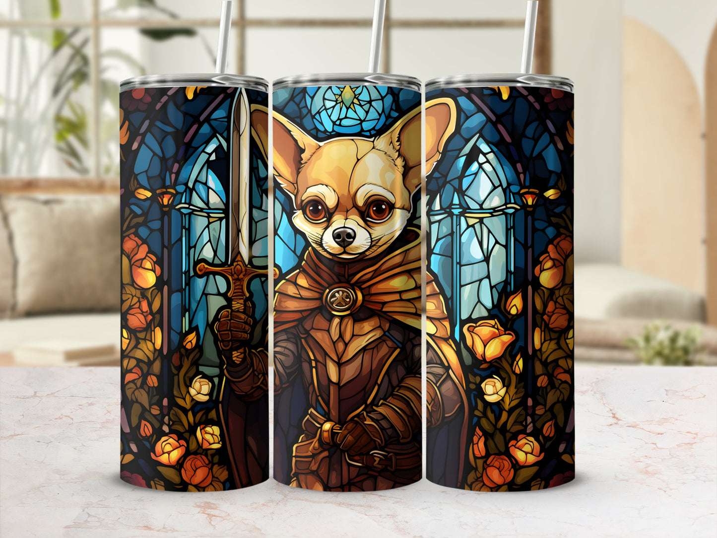 Chihuahua knight in armor holding sword with stained glass rose background.
