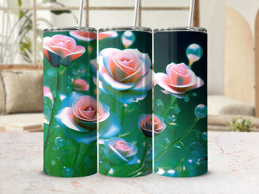 Three tumblers with pink and blue roses and green accents.