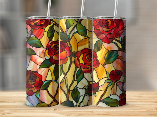 Three tumblers with stained glass rose pattern.