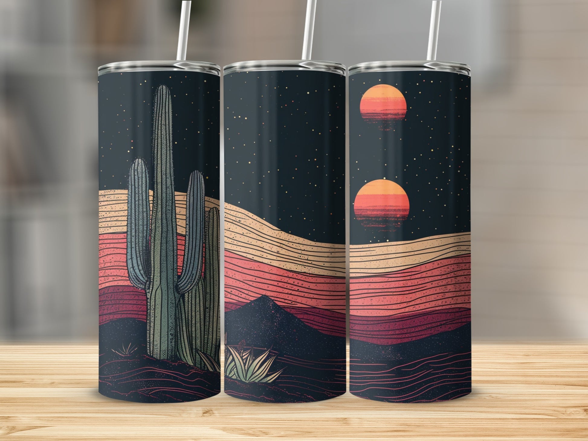 Three desert sunset tumblers with cacti and stars in a stylized landscape.