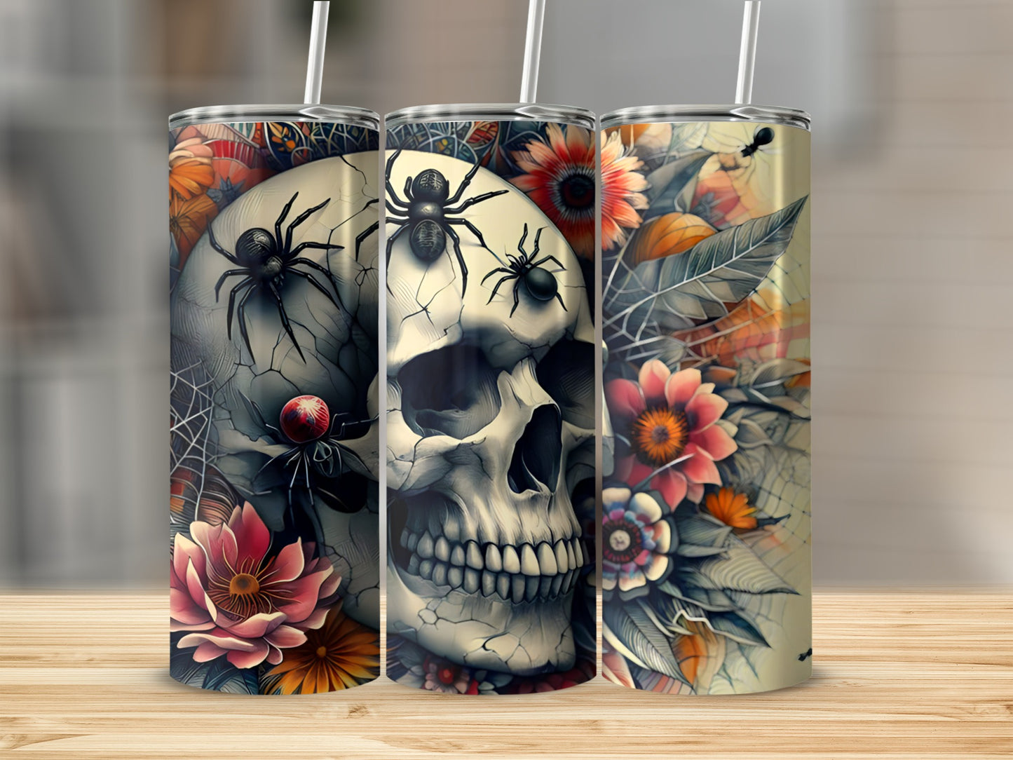 Halloween tumbler with skull, spiders, and flowers.