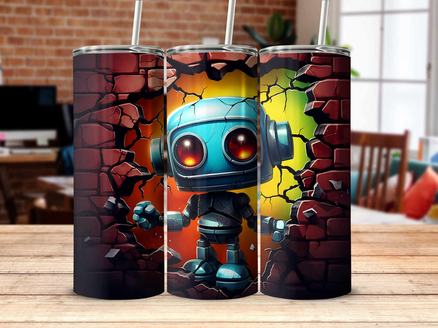 Cute robot design in cracked wall style tumbler product