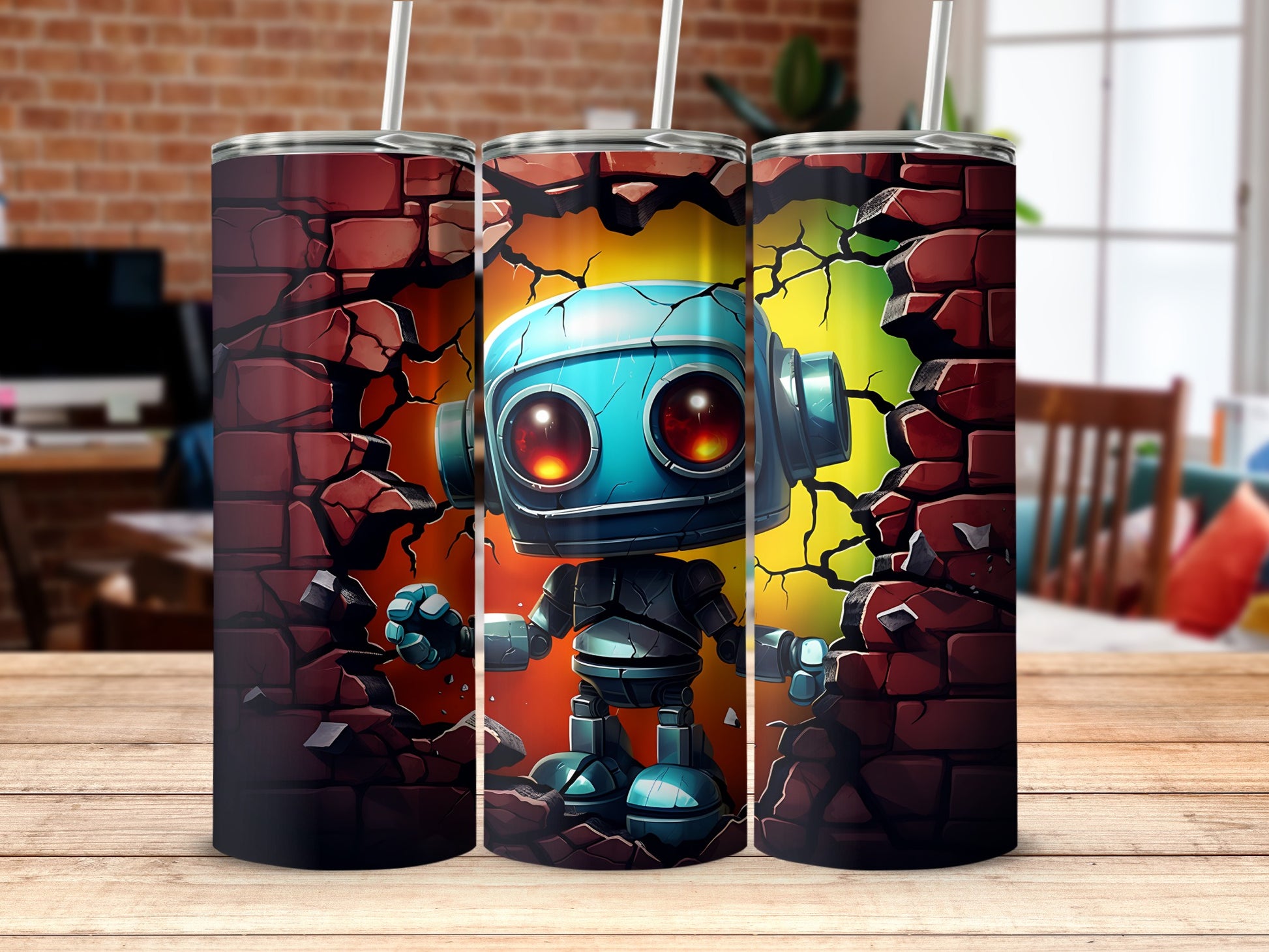 Cute robot design in cracked wall style tumbler product