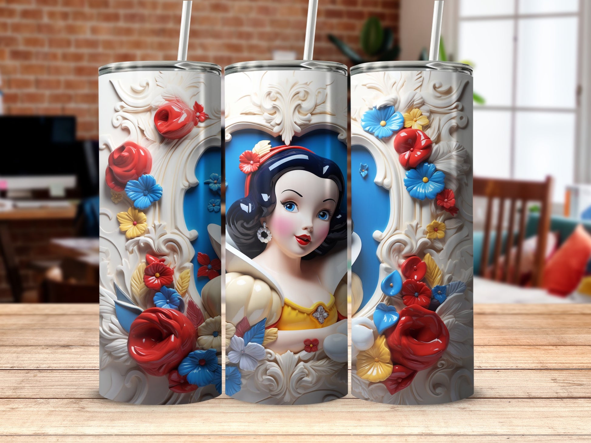 Snow White themed tumbler with vibrant floral details