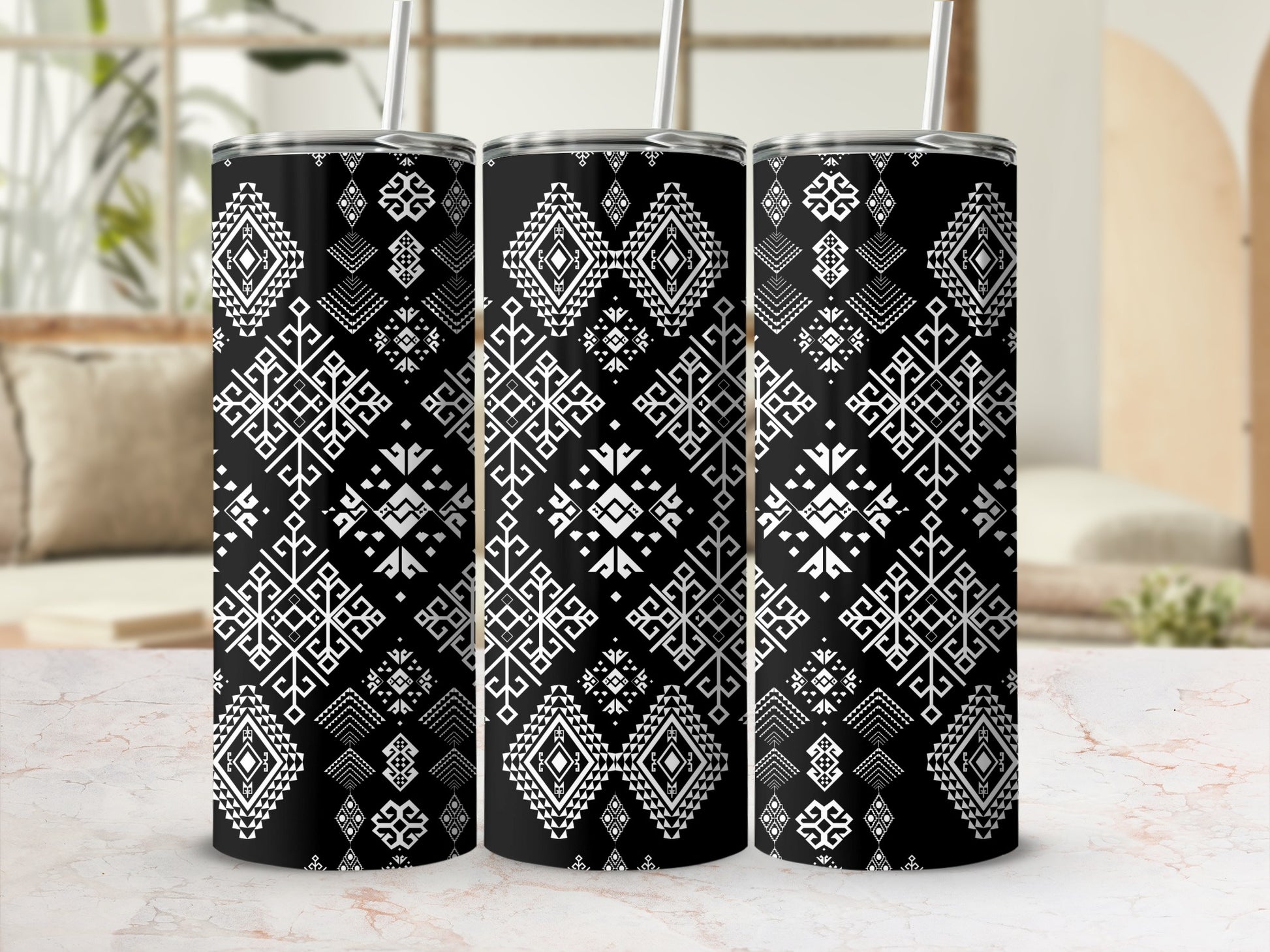 Stylish Black and White Geometric Pattern Tumbler