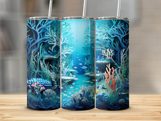 Three tumblers with underwater coral reef scene and small fish.