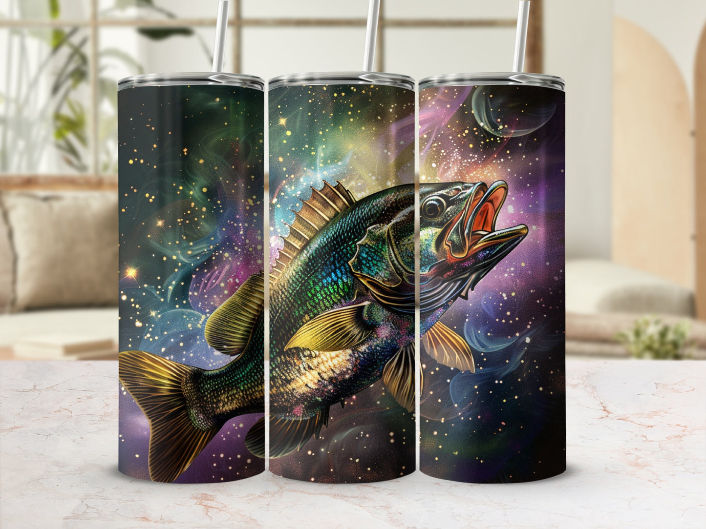 Cosmic bass fish leaping from colorful nebulae, 30oz tumbler.