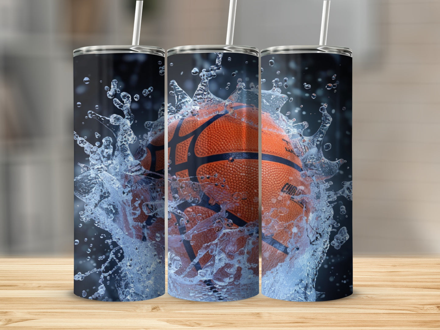Basketball with water splash on three tumblers.