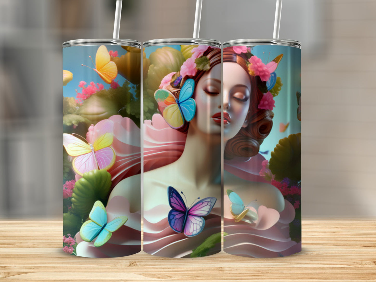 Woman surrounded by colorful butterflies, illustration on three tumblers.