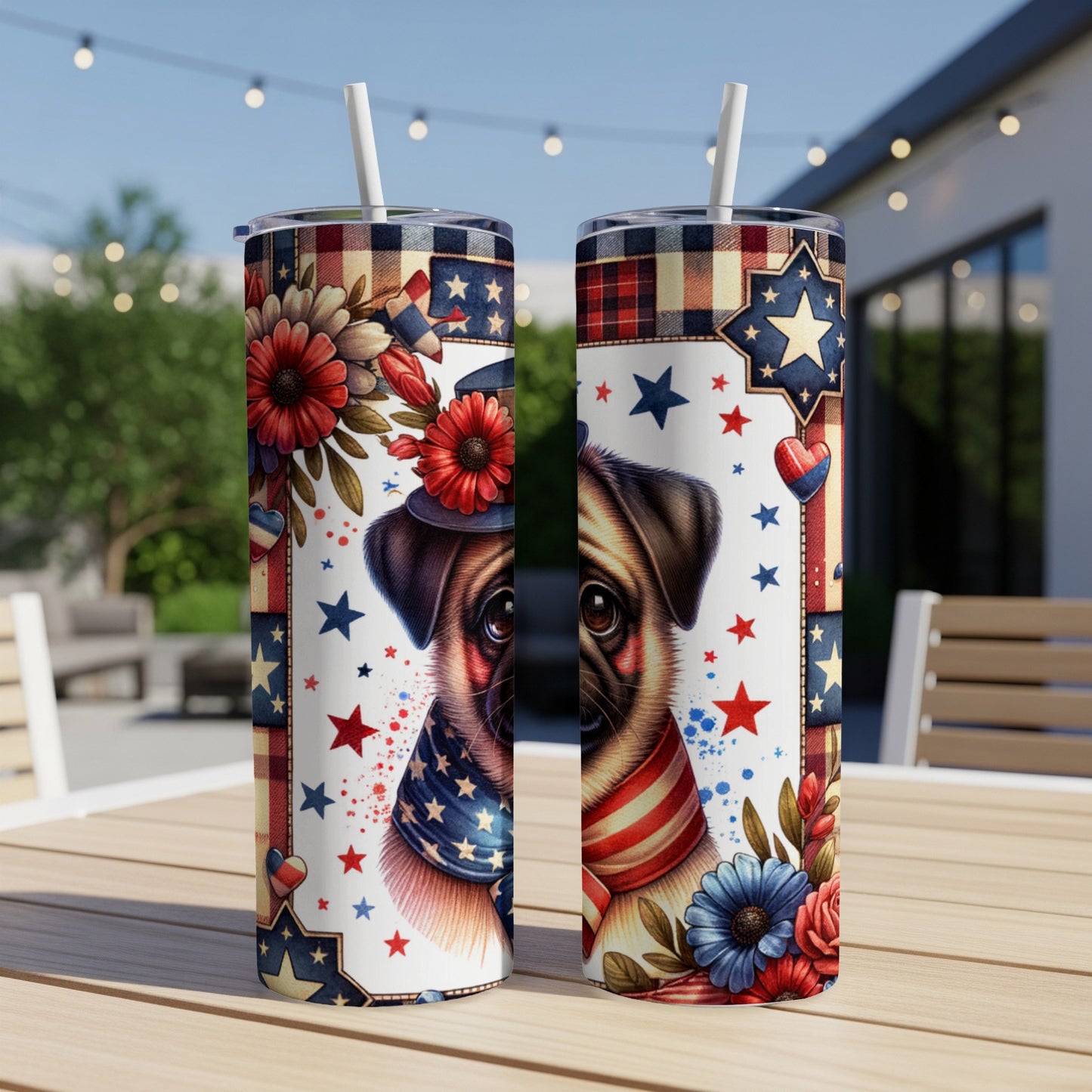 Two patriotic tumblers featuring a pug wearing a bandana and hat.