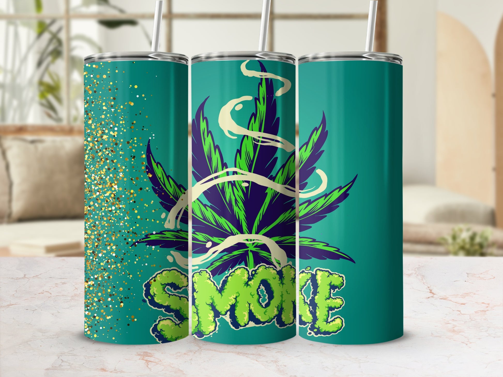 Green Smoke Design Tumbler with Straws for Beverages